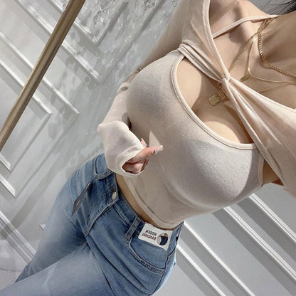 Autumn New Slightly See-through Thin Halter Spaghetti Straps Vest Long Sleeve Shawl Skinny Slimming Sets