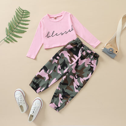 Two-piece Set Of New Letter-print Leak Navel Top Camouflage Pants