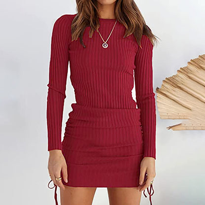 Drawstring Knitted Mid-waist Long Sleeve Dress
