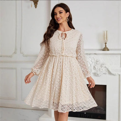 Lace Lace-up Graceful And Fashionable Long Sleeve Plus Size Dress