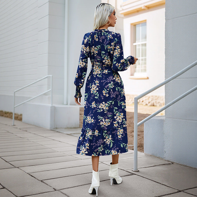 Autumn New European And American Women's Clothing Cross-border Long Sleeve Flower Print Dress