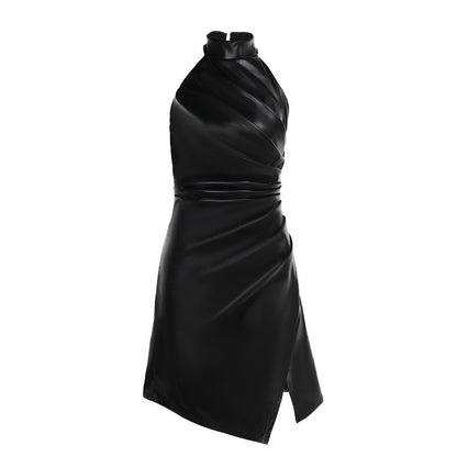 Women's Summer Leather Halter Pleated Dress