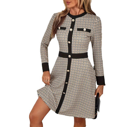 Knitted Houndstooth Button-up Long Sleeve Dress