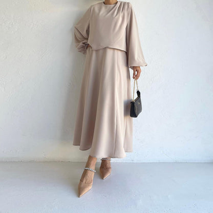 Fashion Puff Sleeve Top Big Hem Skirt Suit