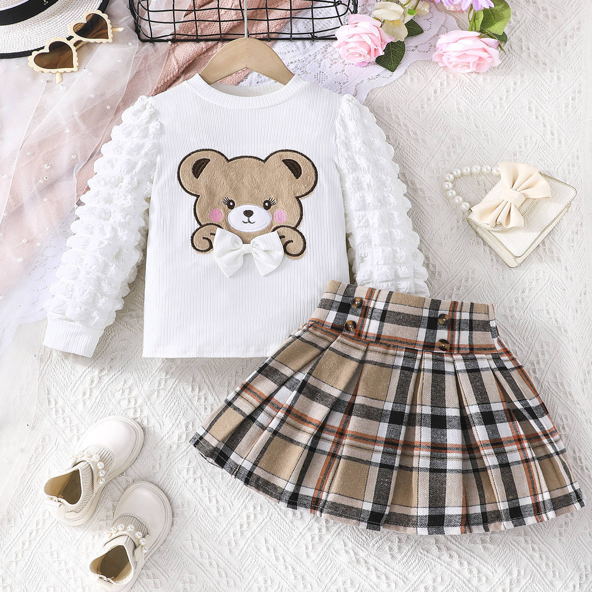 Autumn Bear Top Plaid Skirt