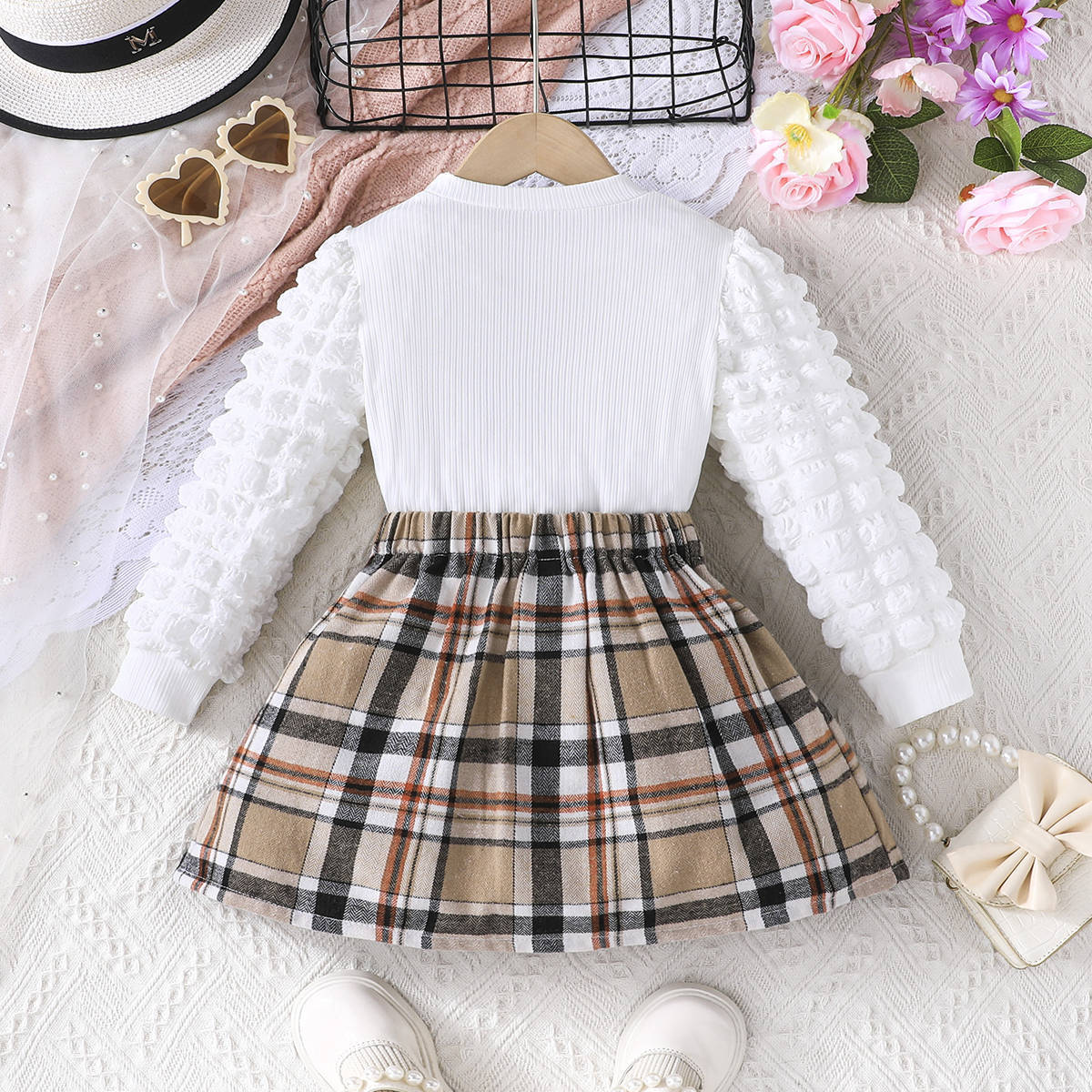 Autumn Bear Top Plaid Skirt