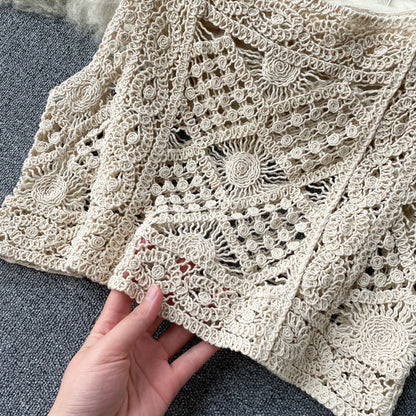 Square Collar Vest Short Top High Waist Sheath Hollow Design Sense Bell-bottom Pants Two-piece Set