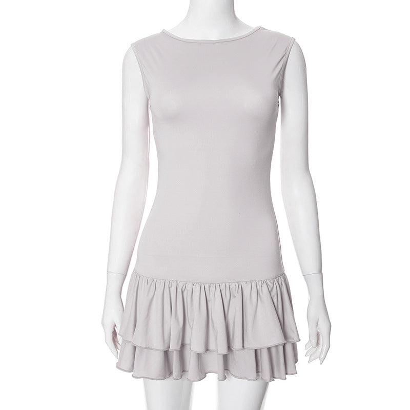 Contrast Color Round Neck Sleeveless Lace Fashion Sexy Short Dress Women