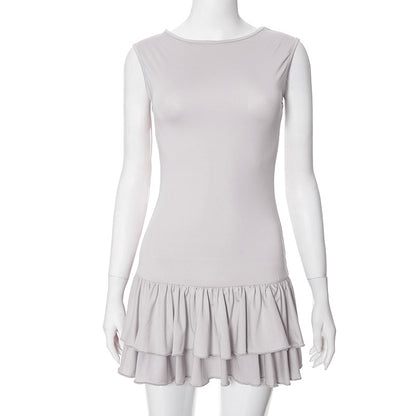 Contrast Color Round Neck Sleeveless Lace Fashion Sexy Short Dress Women