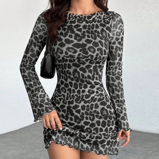 New Women's Round Neck Bodycon Dress With Leopard Print