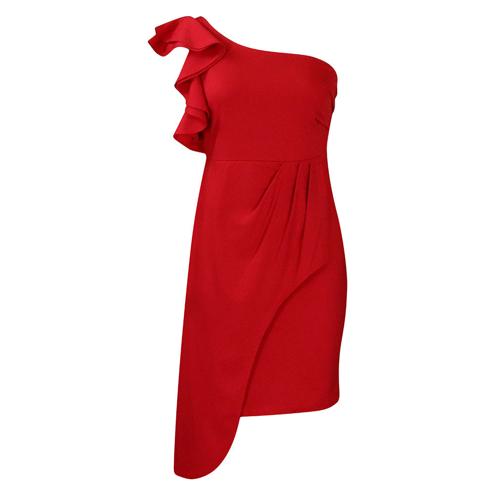 Fashion Diagonal Collar Ruffled Hip-wrapped Temperament Ol Dress