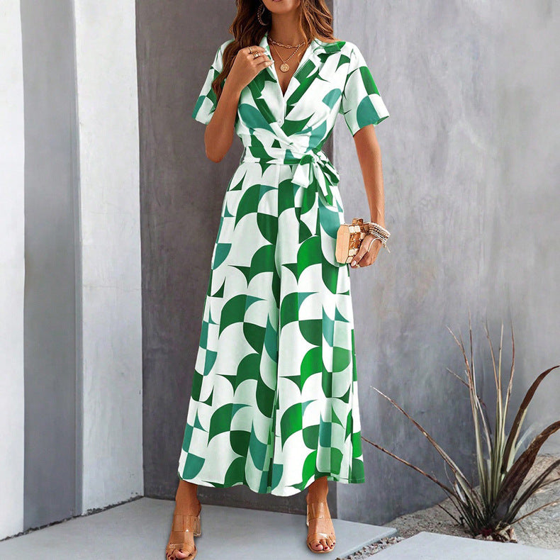 Women's Short Sleeve Printing Color Contrast High Waist Jumpsuit