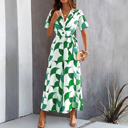 Women's Short Sleeve Printing Color Contrast High Waist Jumpsuit