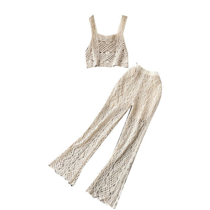 Square Collar Vest Short Top High Waist Sheath Hollow Design Sense Bell-bottom Pants Two-piece Set