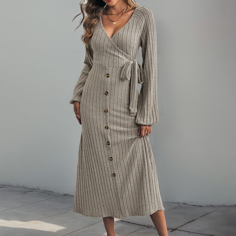 V-neck Solid Color Button Lace-up A- Hem Knitted Dress