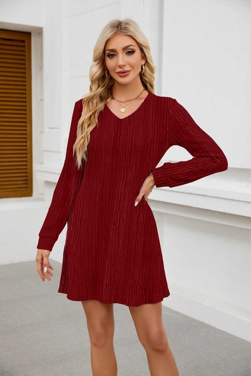 V-neck Pocket Sunken Stripe Brushed Long Sleeve Leisure Dress