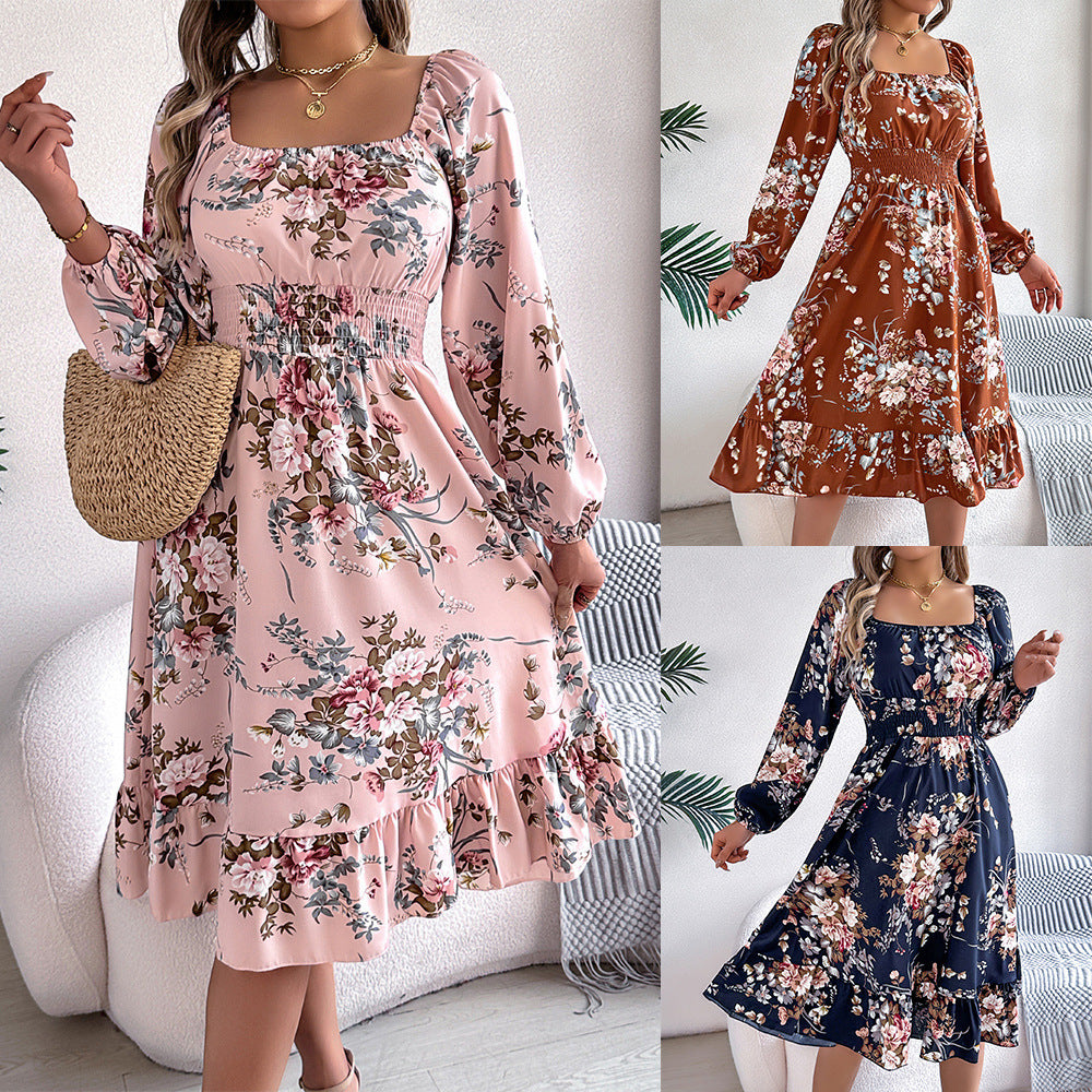 Elegant Flowers Square Collar Long Sleeve Waist Trimming Ruffles A- Line Skirt