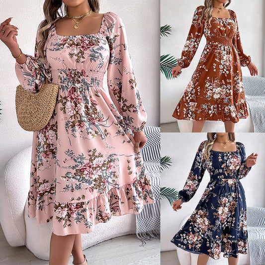 Elegant Flowers Square Collar Long Sleeve Waist Trimming Ruffles A- Line Skirt