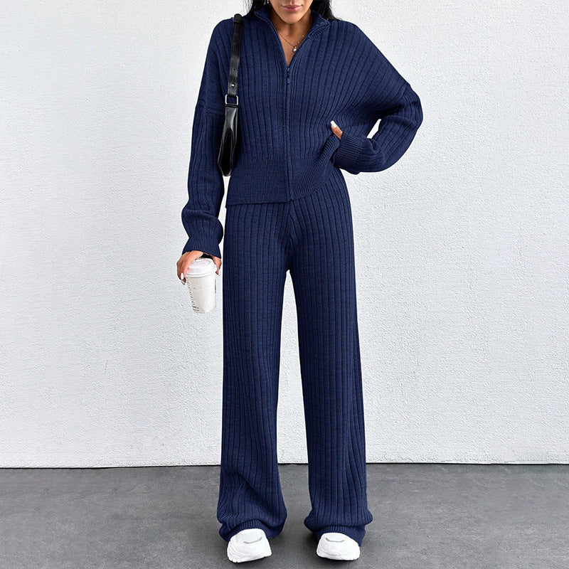 Autumn And Winter New European And American Women's Casual Loose Zip Top And Trousers Two-piece Set