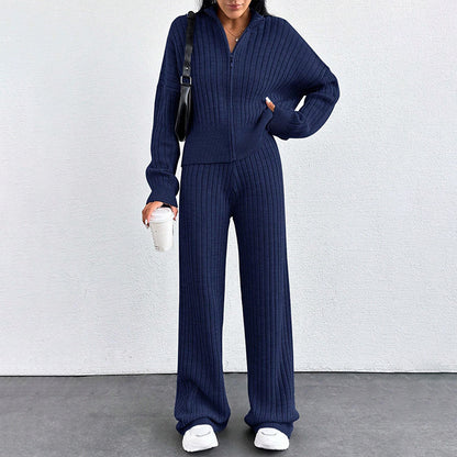 Autumn And Winter New European And American Women's Casual Loose Zip Top And Trousers Two-piece Set