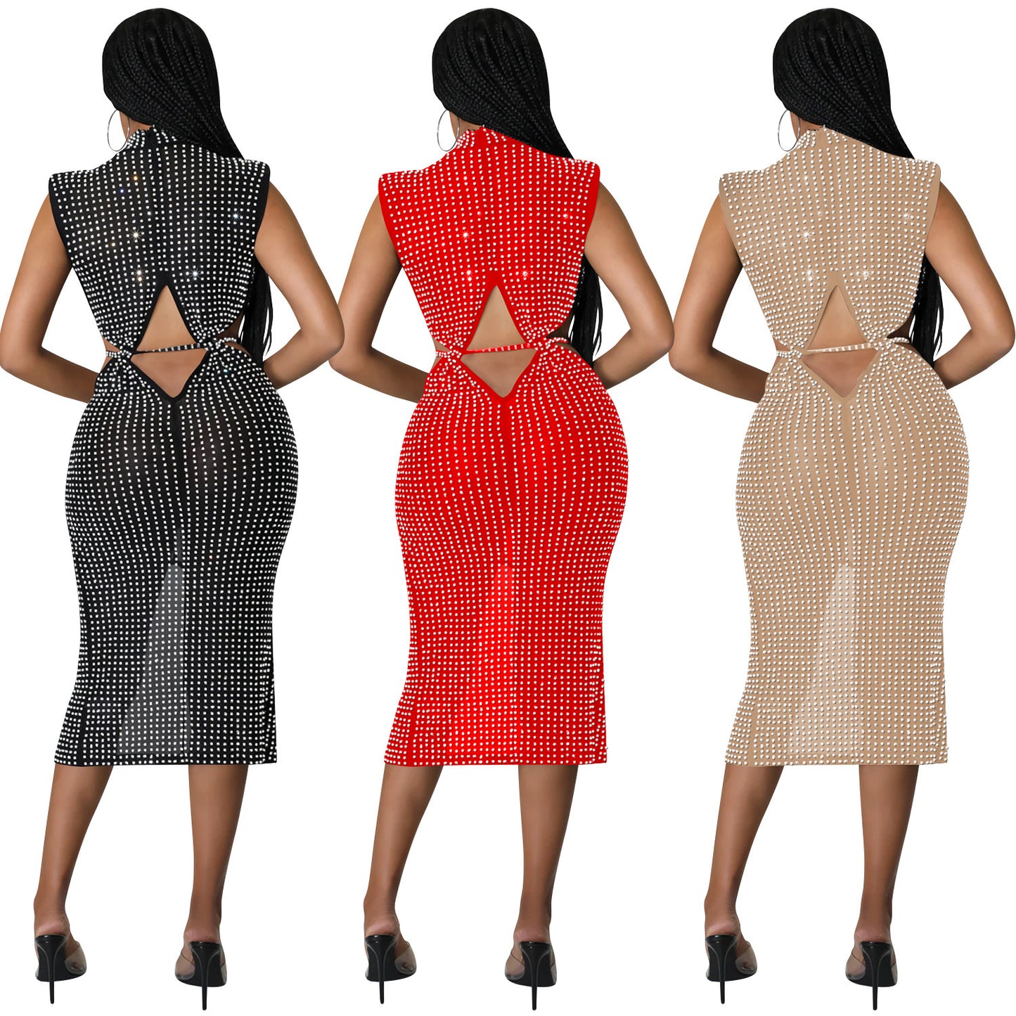 Fashion Mesh See-through Hot Rhinestone Hollow Split Dress Women's Clothing
