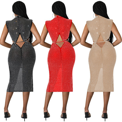 Fashion Mesh See-through Hot Rhinestone Hollow Split Dress Women's Clothing