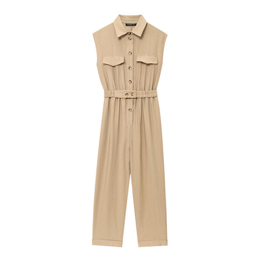 High-grade Solid Color Sleeveless Slim Temperament With Belt Jumpsuit