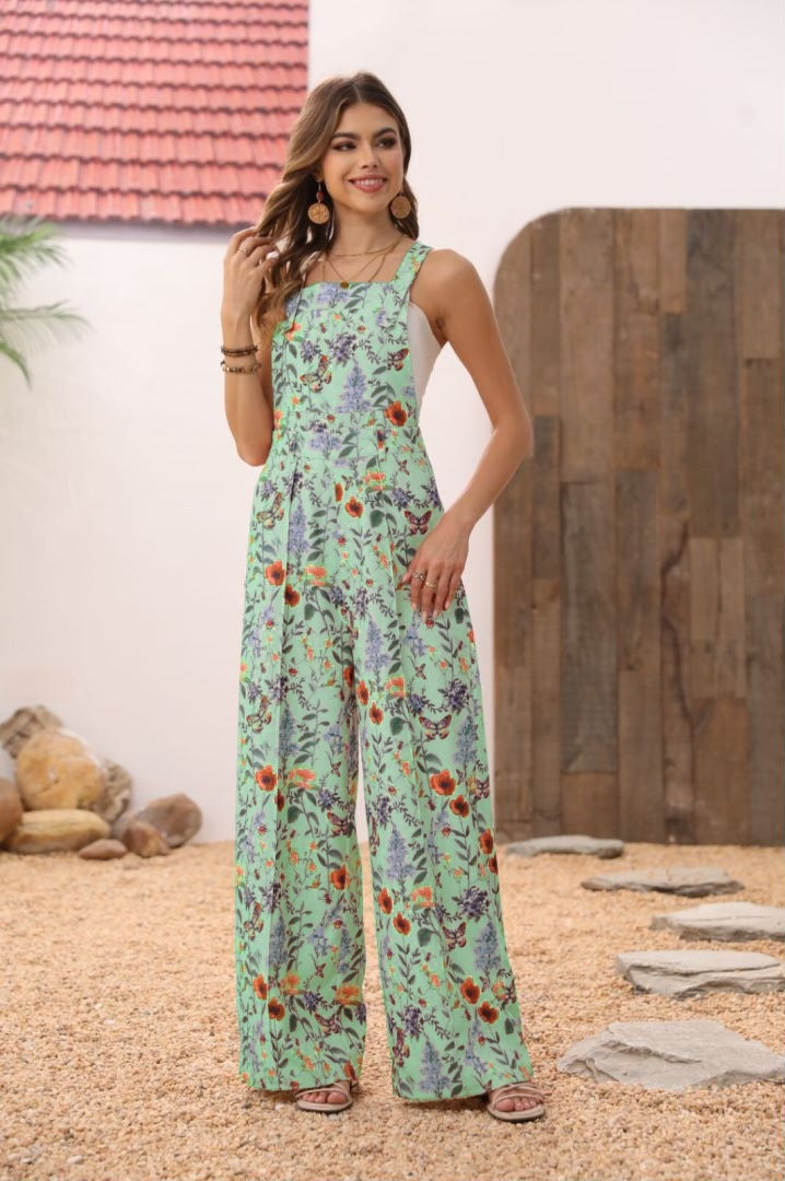 Cross-border Floral Print Button Wide Leg Jumpsuit Hot Sale In Stock