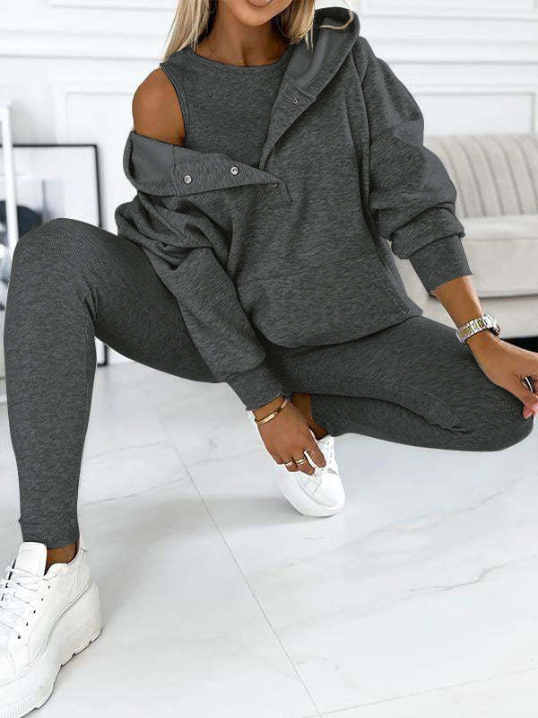 Casual Hooded Sweater Thickened Thread Fitted Vest Pants Three-piece Set