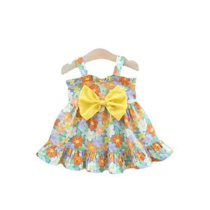 Girls' Printed Big Bow Suspender Dress