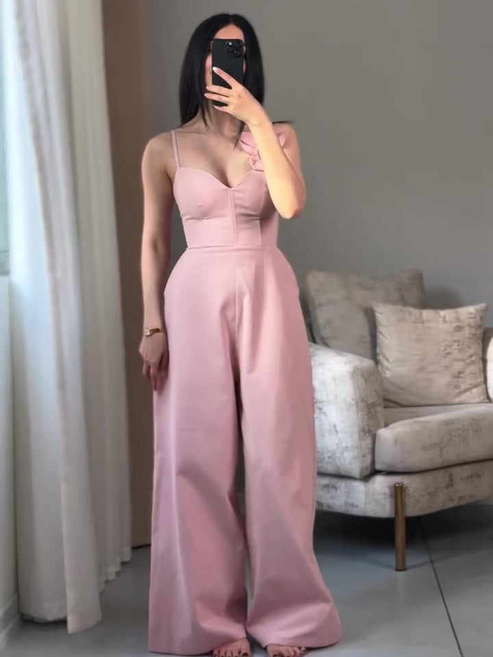 Solid Color Three-dimensional Floral Lace-up Jumpsuit