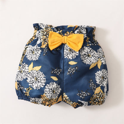 Spring And Autumn Yellow Short Sleeve Romper Floral Shorts Headscarf Three-piece Set