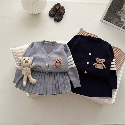 Children's College Popular Cardigan Skirt Two-piece Set Bear