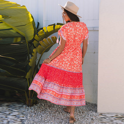 Women's High Waist A- Line Floral Printed V-neck Dress