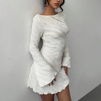 White Knitted Fabric Boat Neck A-line Back Tie Dress