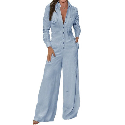 Women's Fashion Polo Collar Casual Solid Color Jumpsuit
