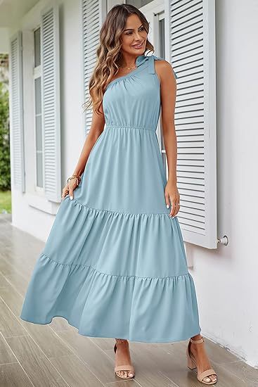 New Women's Solid Color Long Dress Knot One Shoulder Sleeveless Pleated