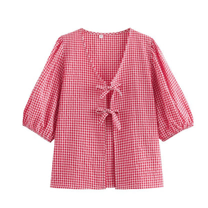 Women's Plaid Knotted Top Casual All-match