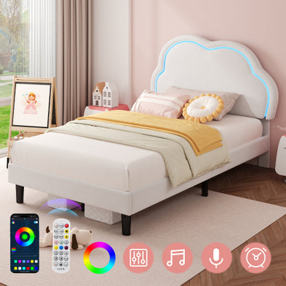 3ft Single Upholstered Bed With LED Adjustable Cute Cloud Headboard, Soft Velvet Bed Frame With Solid Wood Slat, No Box Spring Needed, Easy Assembly, Cream White No Mattress