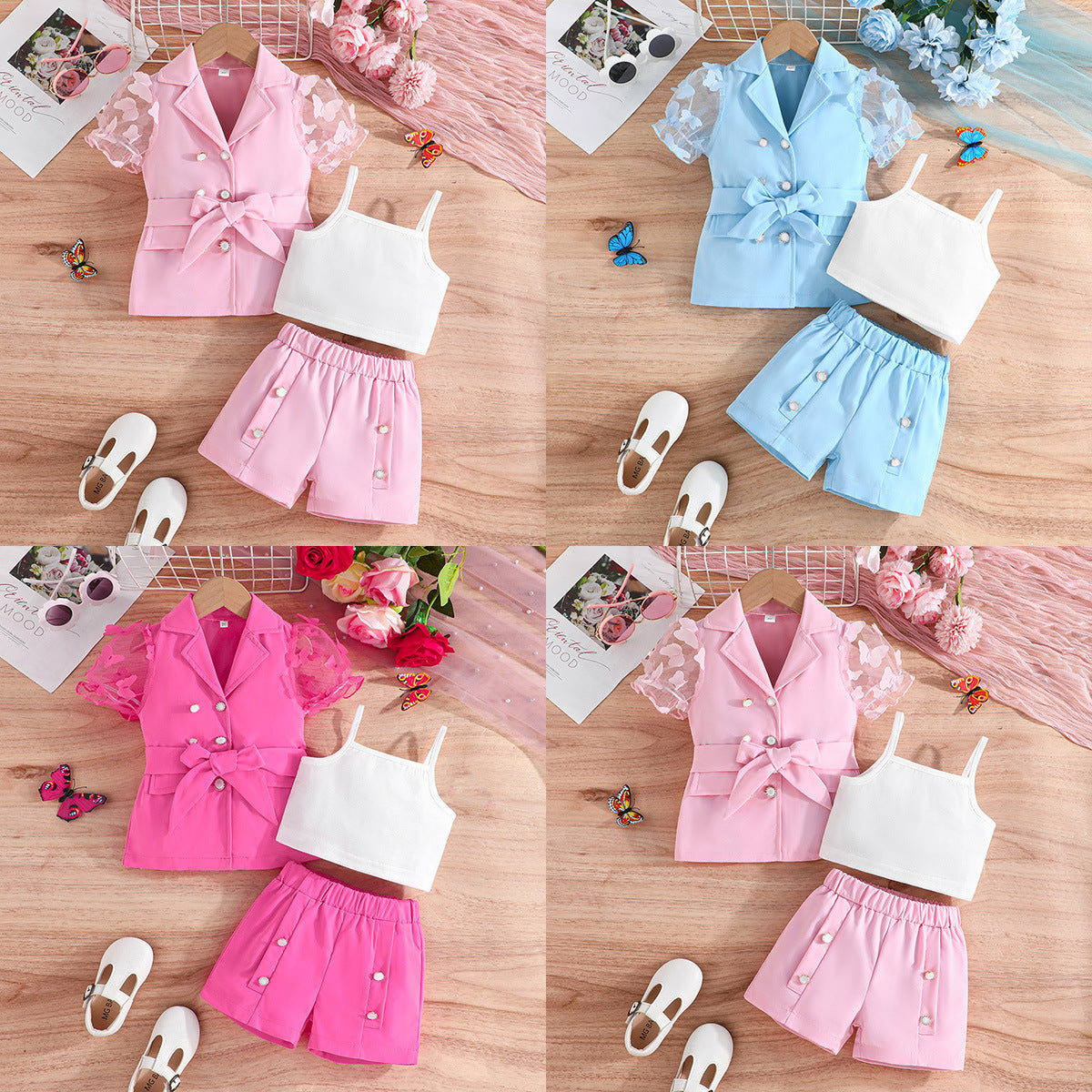Girls' Suit Top Sling Romper Pants Three-piece Suit