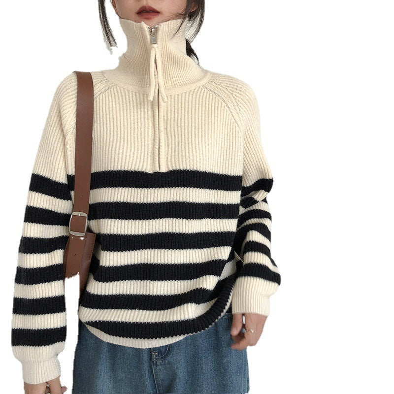 Women's Zipper Striped Sweater Japanese Soft Glutinous Idle Style