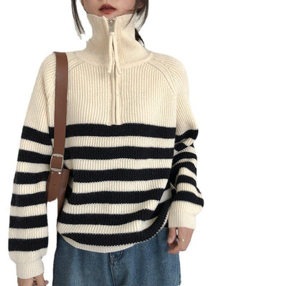 Women's Zipper Striped Sweater Japanese Soft Glutinous Idle Style