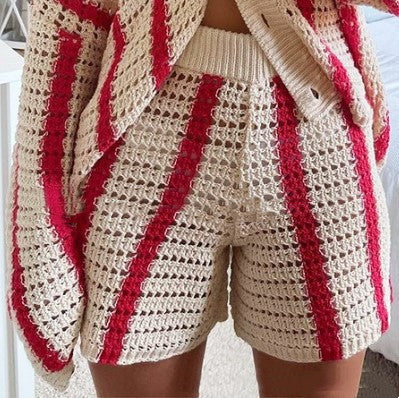 Autumn Casual Striped Openwork Knitted Cardigan Women's Jacket