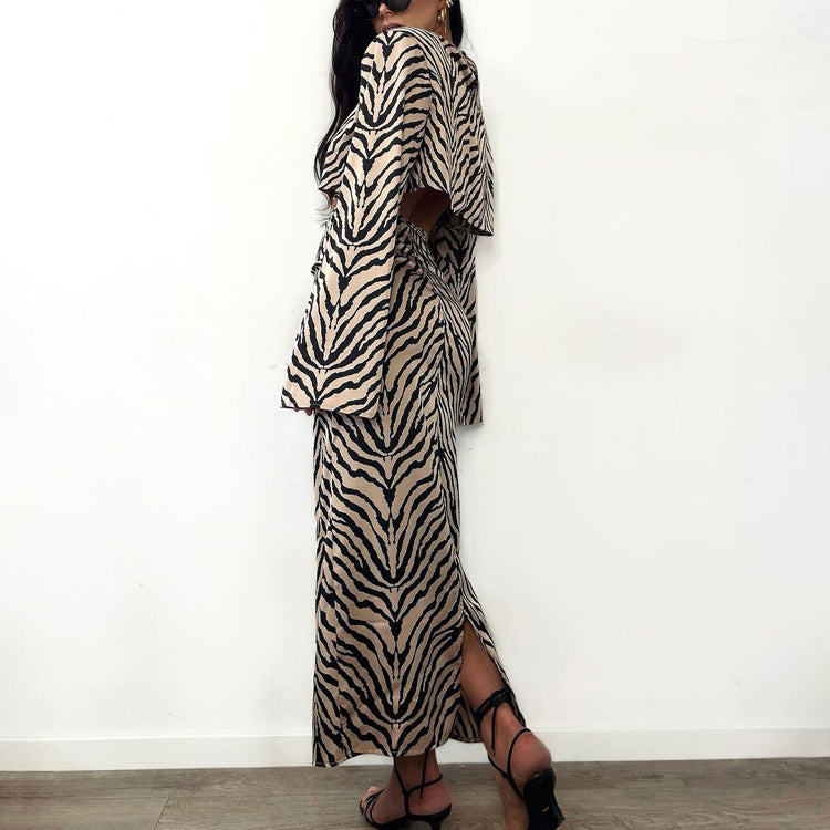 Zebra Striped Long Sleeves Cropped Top Suit Skirt Two-piece Set