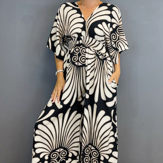 V-neck Printed High Waist Plus Size Women's Jumpsuit