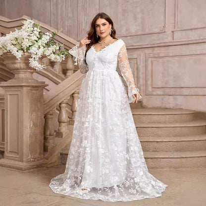 White V-Neck Wedding Bridal Gown Formal Dress