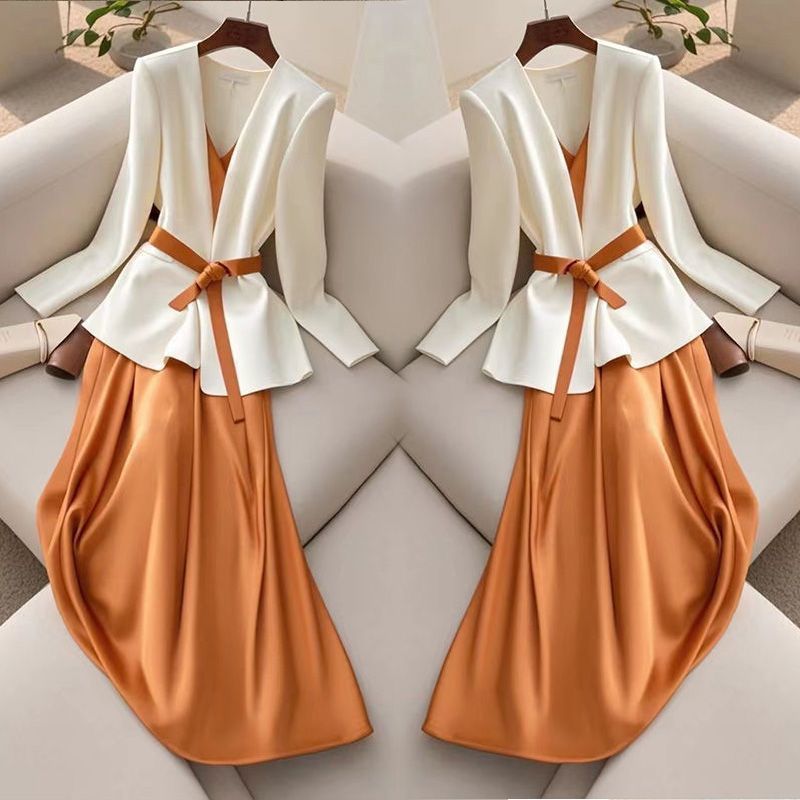 Two-piece Suit For Formal Occasions Elegant White Orange Suspender Skirt