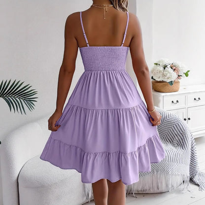 Sleeveless Sling Square Collar Smocking Layered Pleated Dress