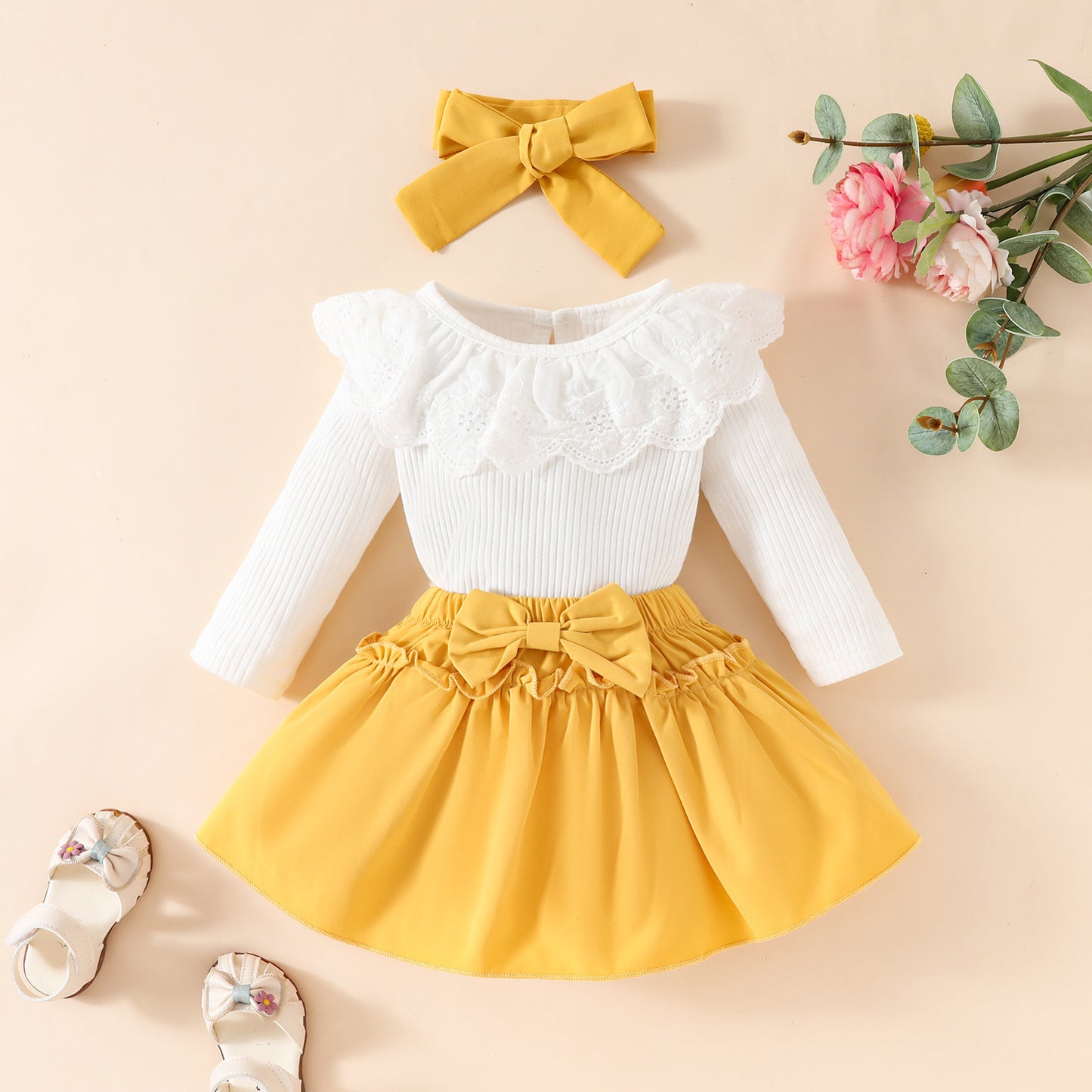 Baby Girl Lace Ruffles Long-sleeve Jumpsuit Bow Skirt Hair Band Three-piece Suit