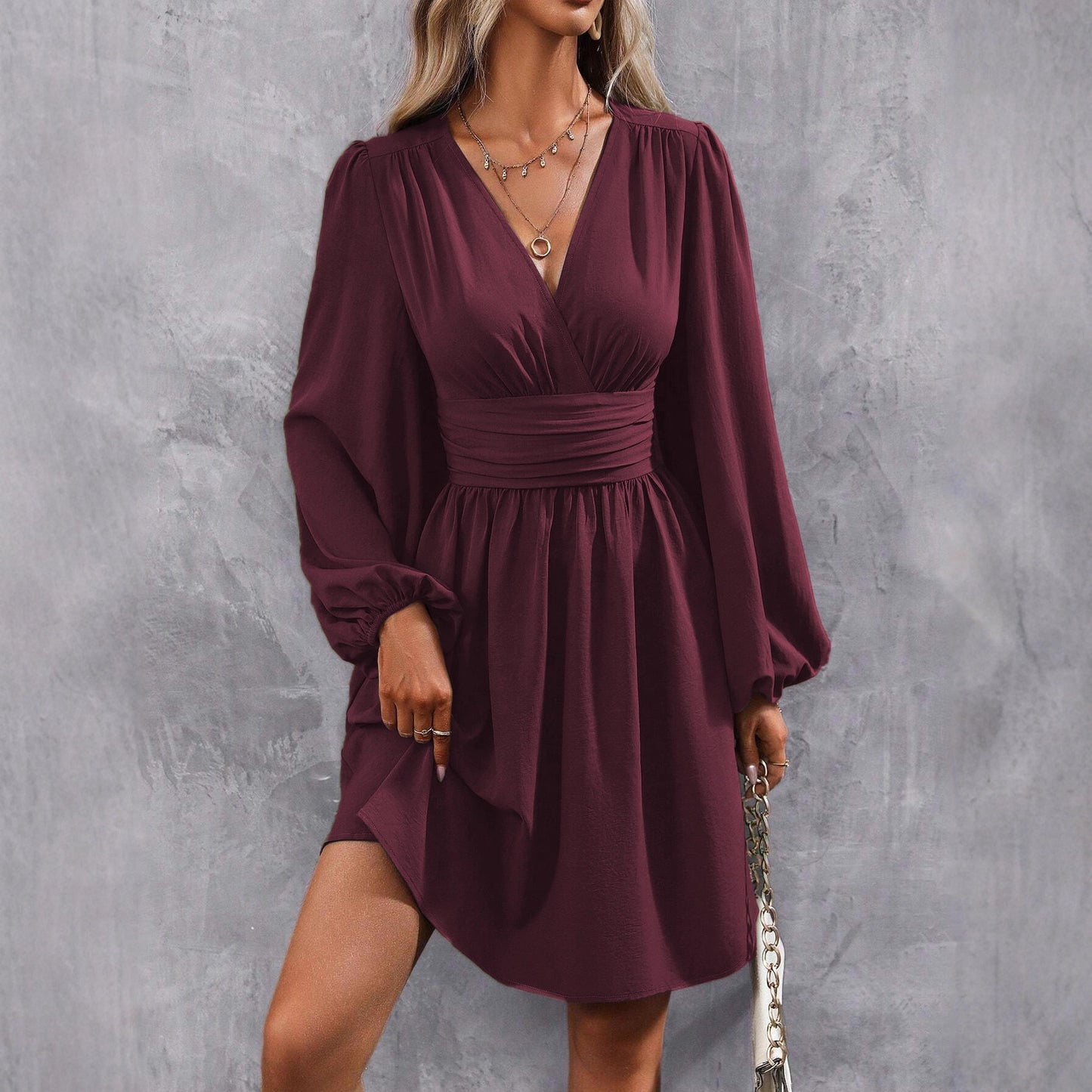 Women's Diagonal Collar Lantern Sleeve Smocking Pleated Waist Dress